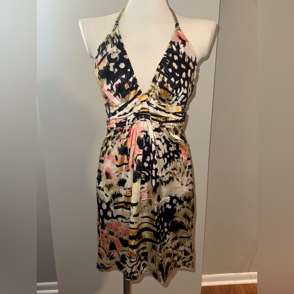 Sky Vibrant Patterned Dress with Gold Accent